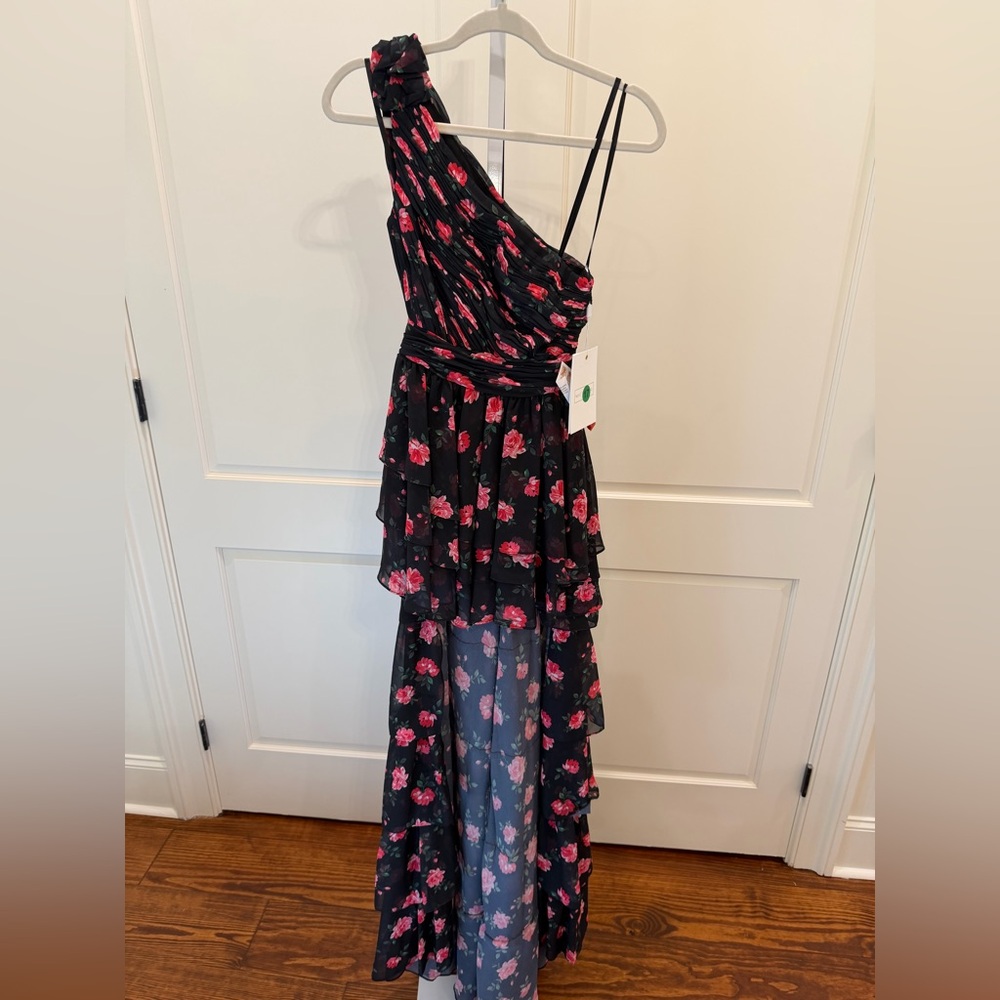 Mac Duggal One shoulder Ruffled Rose Print layered high low dress 70246 - Picture 5 of 8